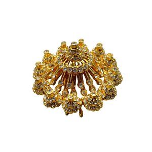 Statement Brooch Gold Tone Clear Rhinestones High Domed Layered Pin and Pendant